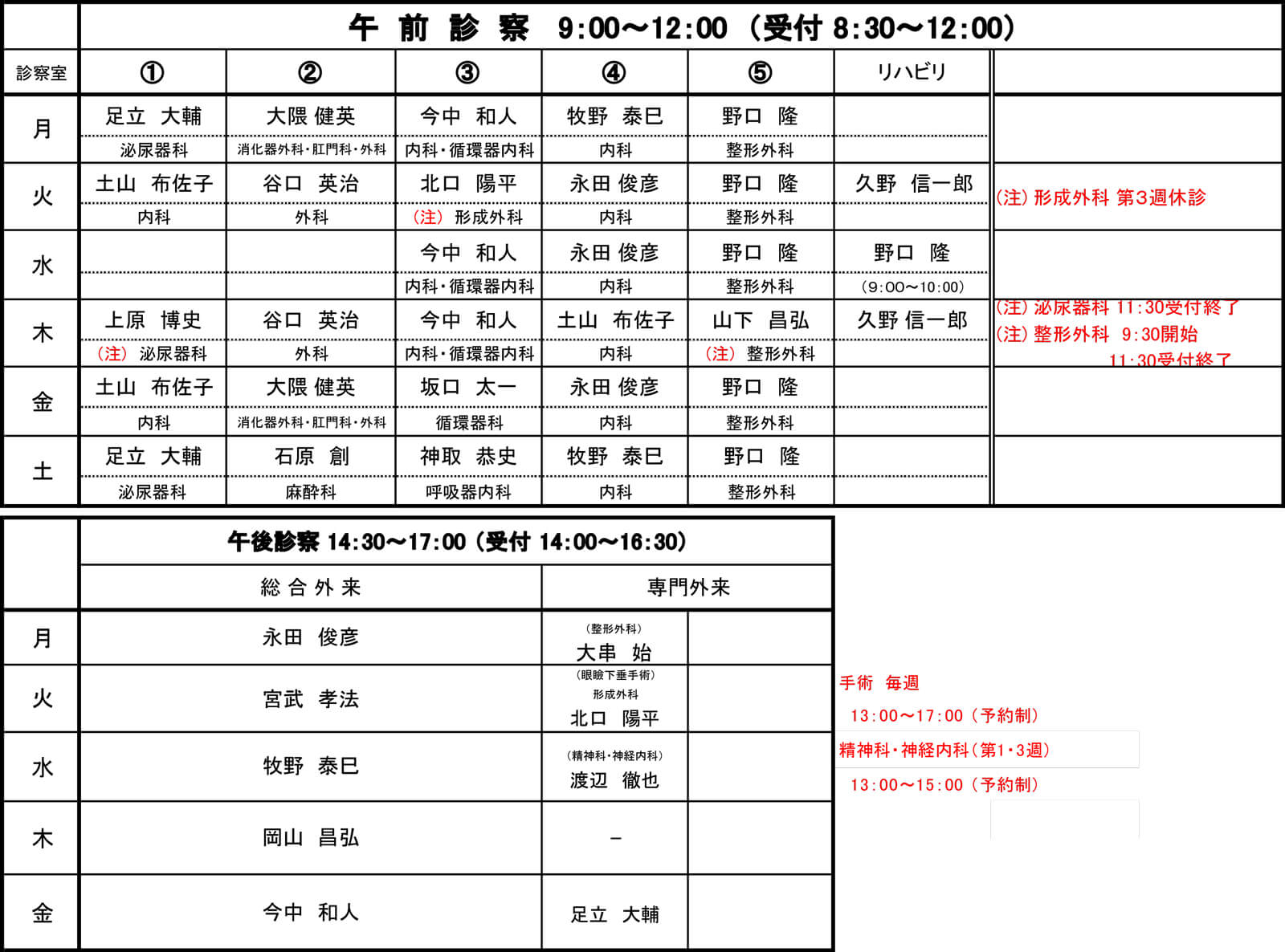 外来診療担当医表の画像です。ご不明な点は、06-6481-1667までお問い合わせください。